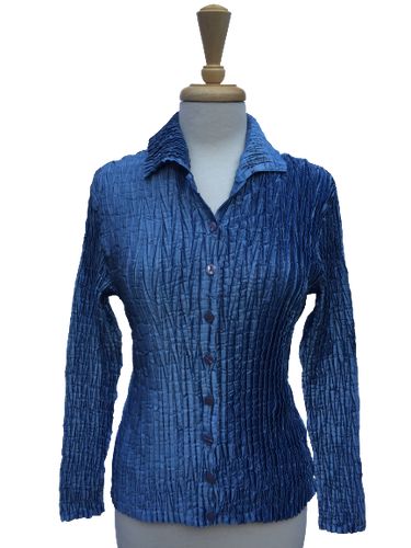 B1226 - Long-sleeve, button-up crinkle top. Made in France.