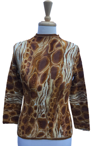 38 Long-sleeve crinkle top with mixed animal prints.