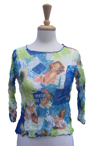 47 Long-sleeve crinkle top with magazine print.