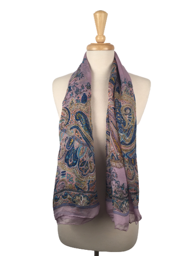 SLK15 - Long sheer scarf with paisley print in purple