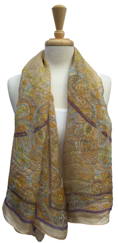 SLK15- Long sheer scarf with paisley print in yellow