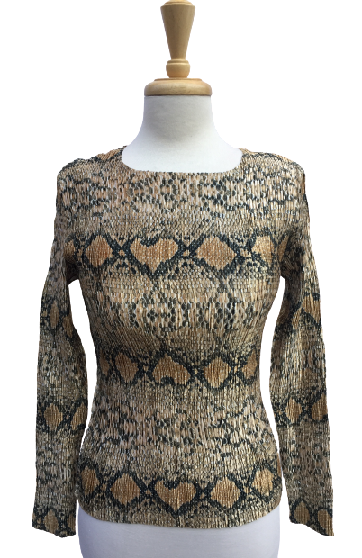 34 Long-sleeve crinkle top with snakeskin print.  Made in France