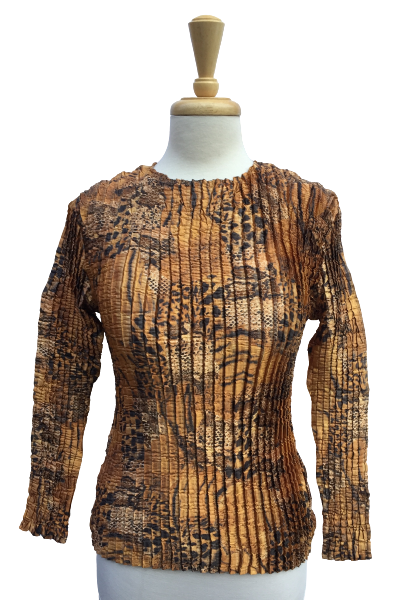 33 Long-sleeve crinkle top with checkered mixed animal prints. Made in France