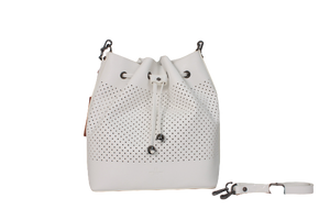 354933P-01 Perforated Synthetic Leather Bucket Bag in White