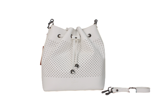 354933P-01 Perforated Synthetic Leather Bucket Bag in White