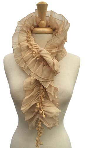 STR5 - Ruffled Scarf with Dangly Pom Poms