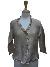 B326M - 3/4 Long-sleeve, button-up crinkle top with upturned collar. Made in France.