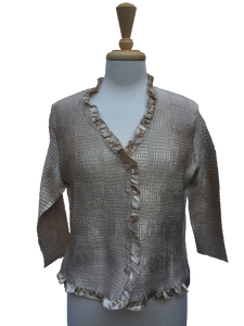 B326M - 3/4 Long-sleeve, button-up crinkle top with upturned collar. Made in France.
