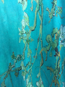 SPFA-21 - Teal scarf with print of Van Gogh cherry blossom branches