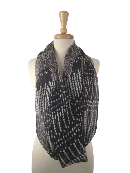SIS-06 - Infinity Silk Scarf with Black and White Dots