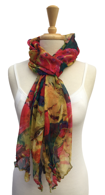 SLV-04  Brightly colored tropical floral print. In warm tones.