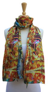 Scarf with colorful, abstract print of bridges