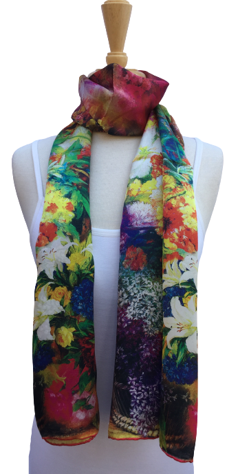 Scarf with colorful and painterly floral scene