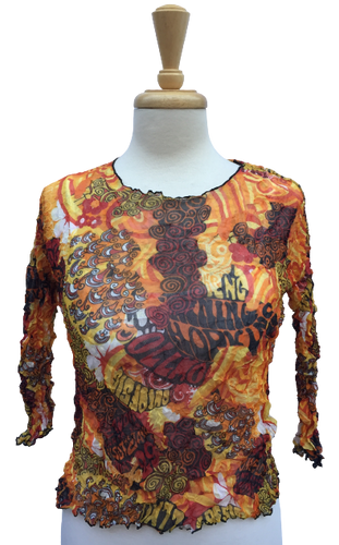 Crinkle 9  Long-sleeve crinkle top with colorful psychedelic print.  Made in France.