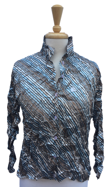 Crinkle 13 Long-sleeve, button-up crinkle top with diagonal stripes print.  Made in France.