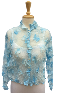 Crinkle 12 Long-sleeve, button-up crinkle top with allover butterfly detailing. Sheer. Made in France.