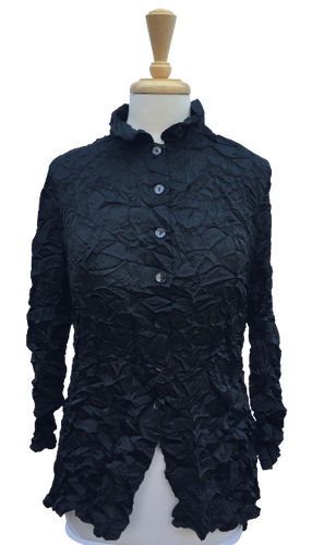 Crinkle 15 Long-sleeve, button-up crinkle top with upturned collar.  Made in France.