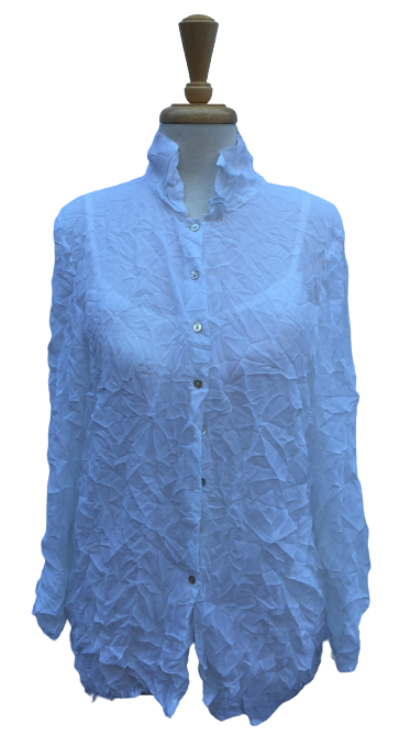 Crinkle 17 Long-sleeve, button-up crinkle top in white. Sheer.  Made in France.