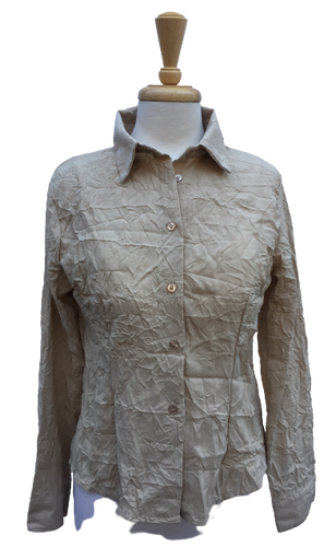 Crinkle 18 Long-sleeve, button-up crinkle top in tan.  Made in France.