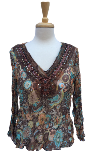 Crinkle 19 Long-sleeve crinkle top with beaded neckline detailing.  Made in France.