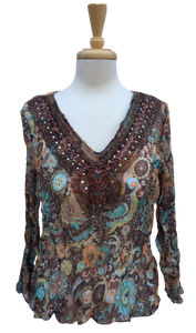 Crinkle 19 Long-sleeve crinkle top with beaded neckline detailing.  Made in France.