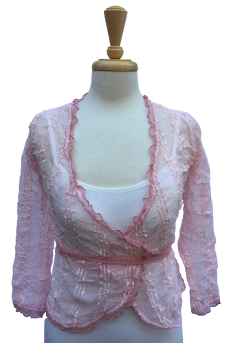 Crinkle 20 Long-sleeve, tie back crinkle top with pink stripes. Sheer.  Made in France.