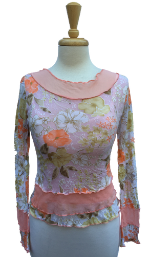 Crinkle 24 - Long-sleeve crinkle top with alternating sheer and floral print layers.  Made in France.