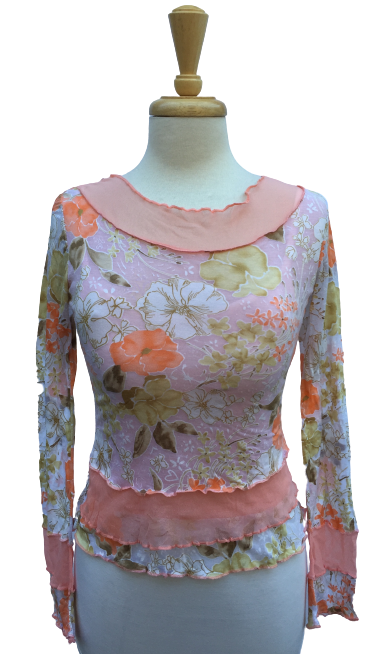 Crinkle 24 - Long-sleeve crinkle top with alternating sheer and floral print layers.  Made in France.