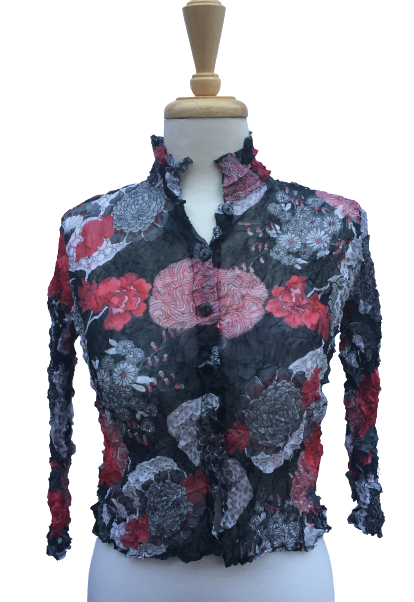 Crinkle 29 Long-sleeve, button-up crinkle top with upturned collar and Oriental floral print. Made in France.