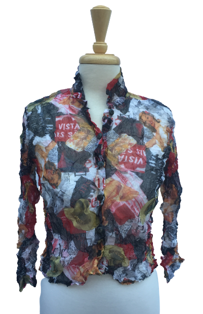 30.1B Long-sleeve, button-up crinkle top with a multicolored magazine-style print. Made in France