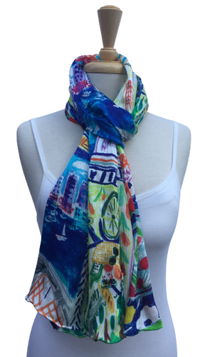 SPFA-04 - Cute and colorful scarf with illustrated city scenes.