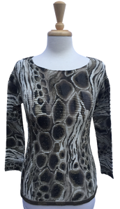38 Long-sleeve crinkle top with mixed animal prints.