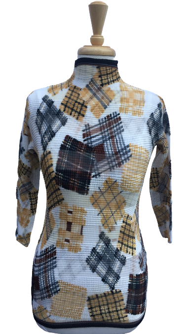 39 Long-sleeve crinkle top with plaid squares.