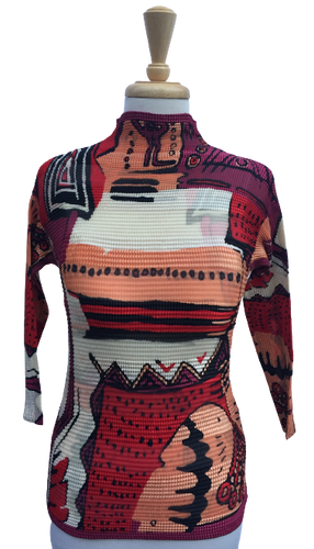 40 Long-sleeve crinkle top with abstract tribal print.