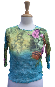 41 Long-sleeve crinkle top with floral print.  Made in France