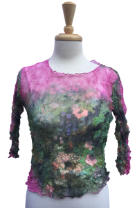 44 Long-sleeve crinkle top with dreamy garden print.  Made in France