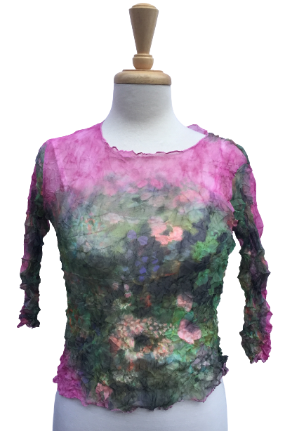 44 Long-sleeve crinkle top with dreamy garden print.  Made in France