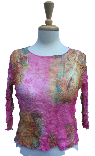 45 Long-sleeve crinkle top with partial paisley print.  Made in France