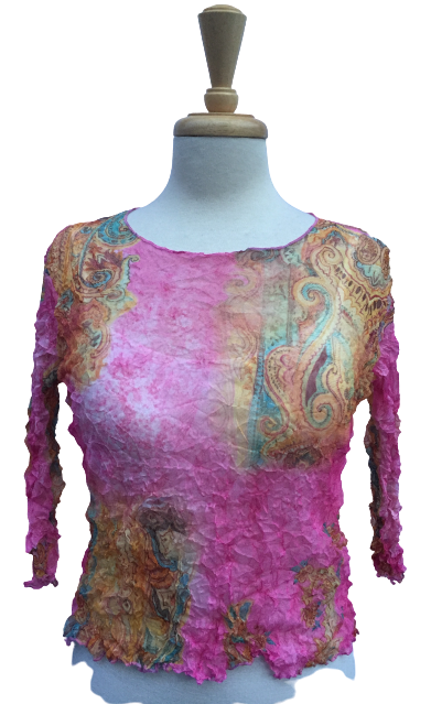45 Long-sleeve crinkle top with partial paisley print.  Made in France