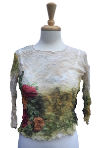 41 Long-sleeve crinkle top with floral print.  Made in France