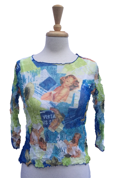 47 Long-sleeve crinkle top with magazine print.