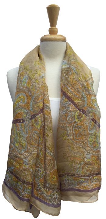 SLK15- Long sheer scarf with paisley print in yellow